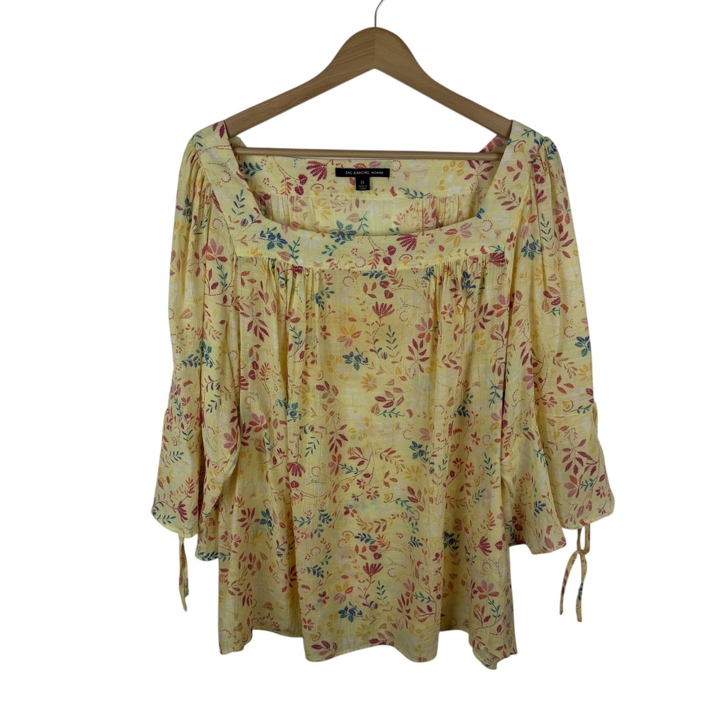 Zac & Rachel Yellow Floral Square Neck Bell Sleeve Blouse 2X Multicolor Cottage‎